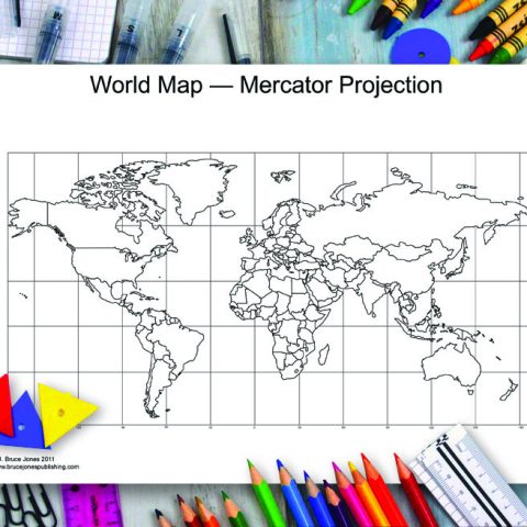 World Mercator Projection, Printable PDF Black and White Map